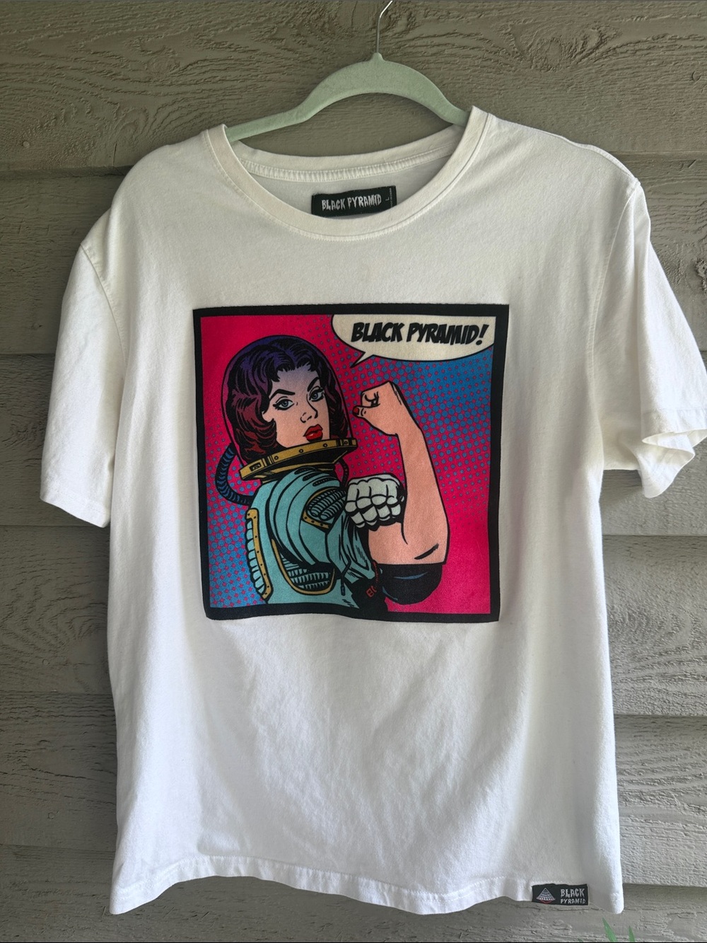 Black Pyramid White Tee with Pink & Blue Pop Art Graphic